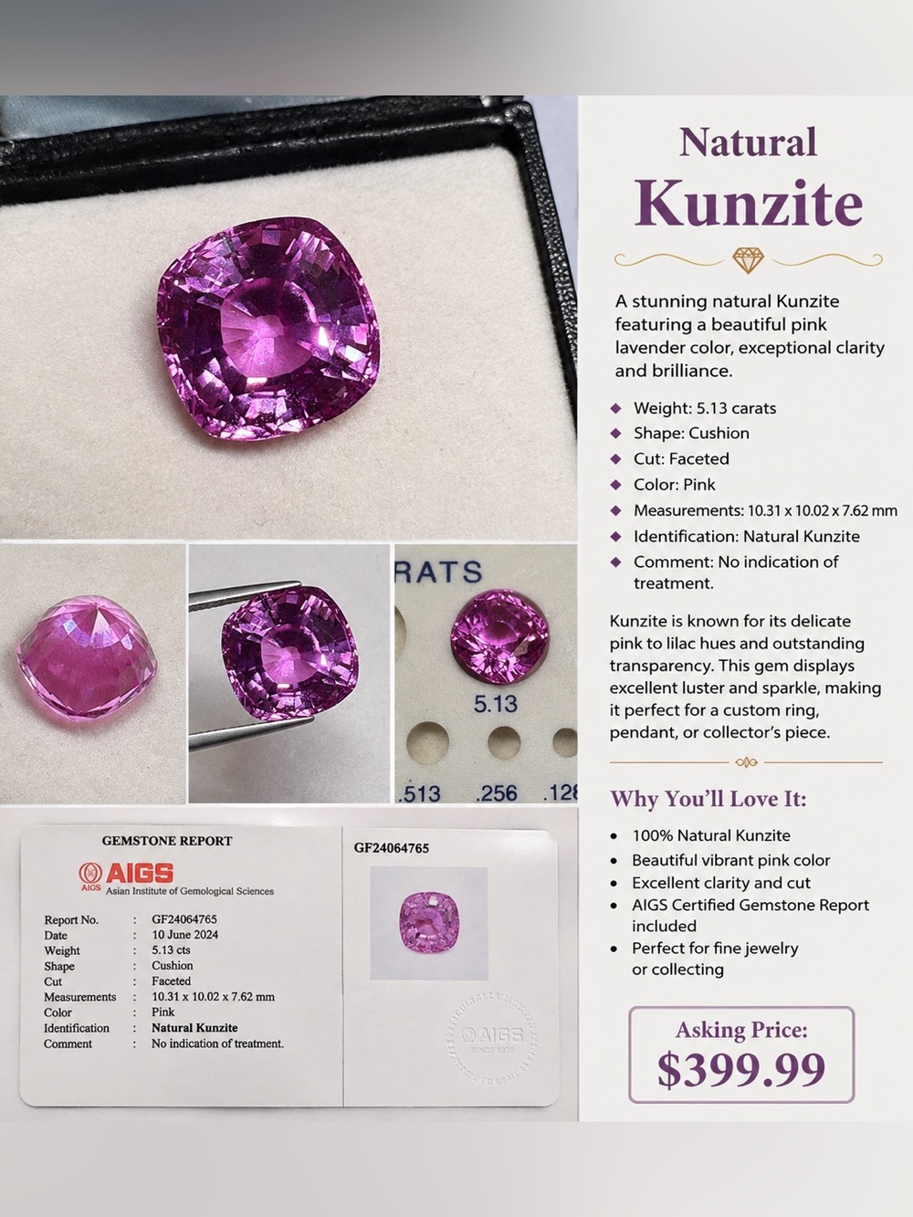 Natural Kunzite Cushion Gemstone - Vibrant Pink Lavender
